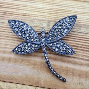 Dragonfly‎ Brooch Pin Sterling Silver 925 Marcasite  CFJ - Missing A Stone